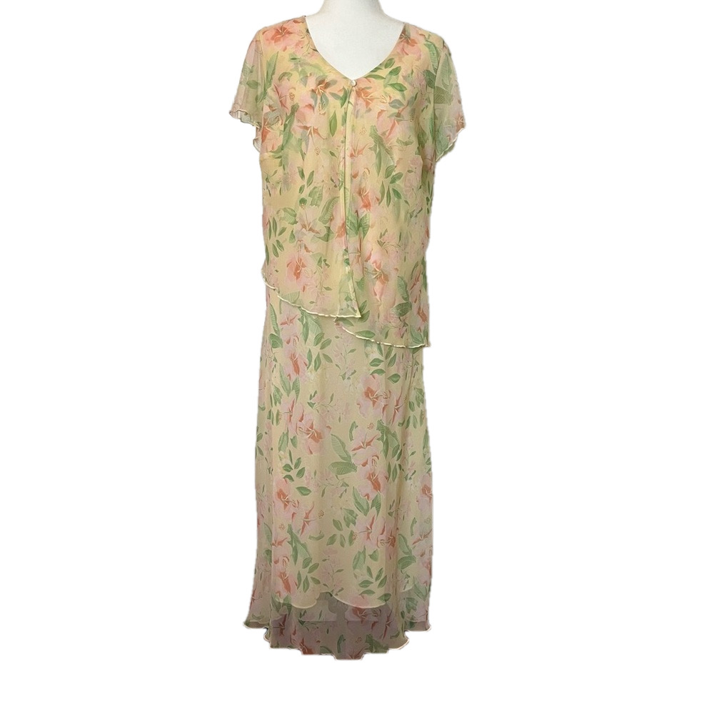 Vintage Fairy Floral Print Pastel Butter Yellow Dress 16 Romantic Faerie Dreamy